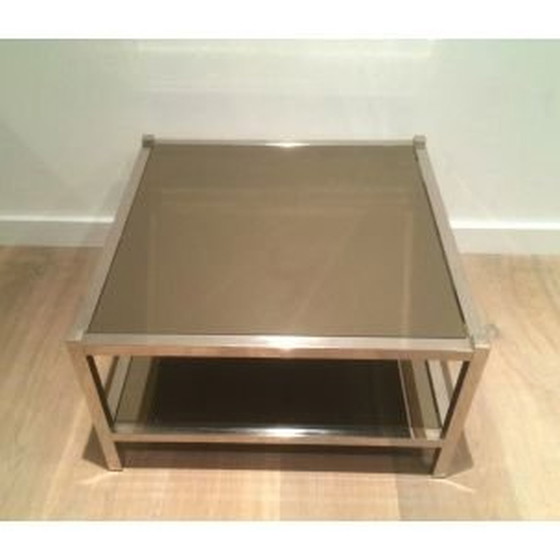 Image 1 of 2 vintage chromen bijzettafels met bronzen spiegels,1970