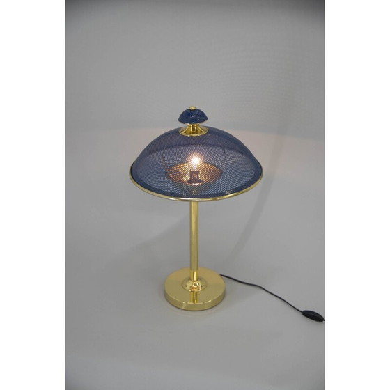 Image 1 of Paar vintage messing en blauw gelakte metalen tafellampen, Europa 1970