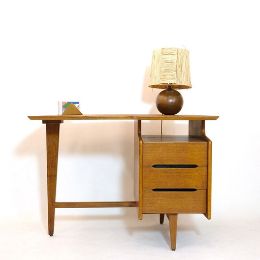 Vintage eikenhouten driepoot bureau van Jacques Hauville, 1950