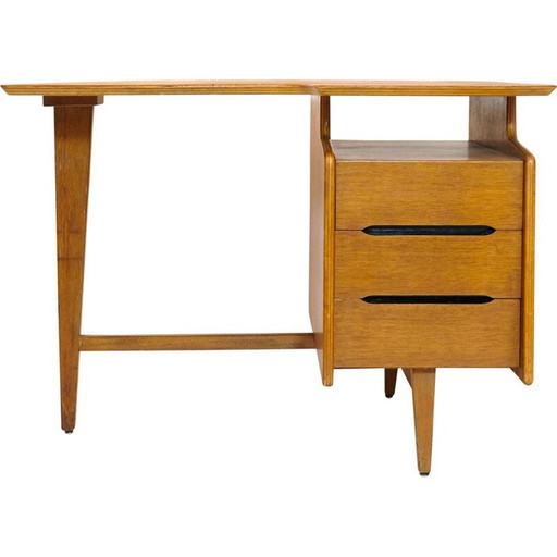 Vintage eikenhouten driepoot bureau van Jacques Hauville, 1950