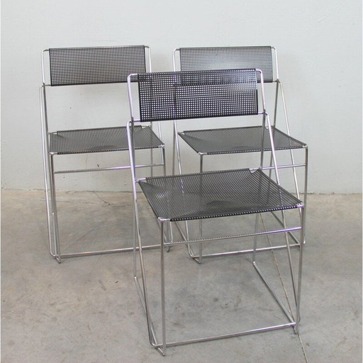 Set van 3 vintage stoelen van zwart gelakt metaal en staal, Italië 1970