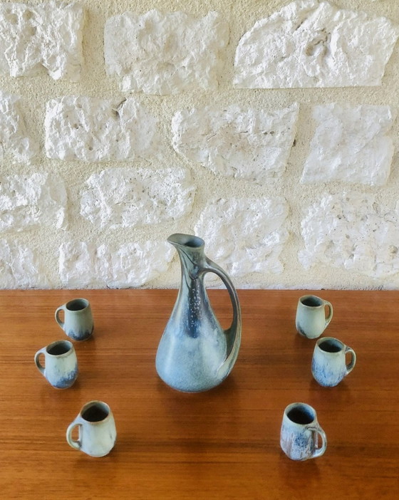 Image 1 of  Art Nouveau, gevlamd aardewerk likeurstel van Denbac, set van 7