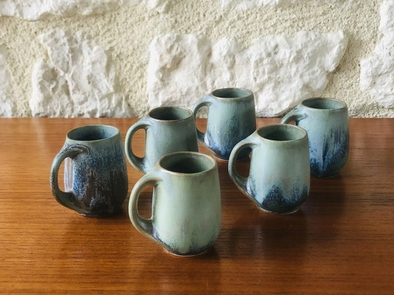 Image 1 of  Art Nouveau, gevlamd aardewerk likeurstel van Denbac, set van 7