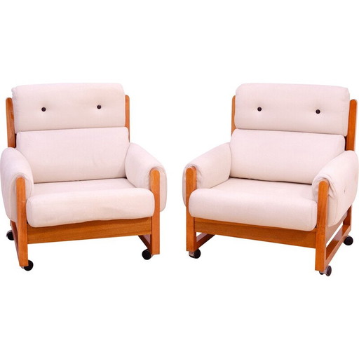 Paar vintage fauteuils in beukenhout en stof, 1970