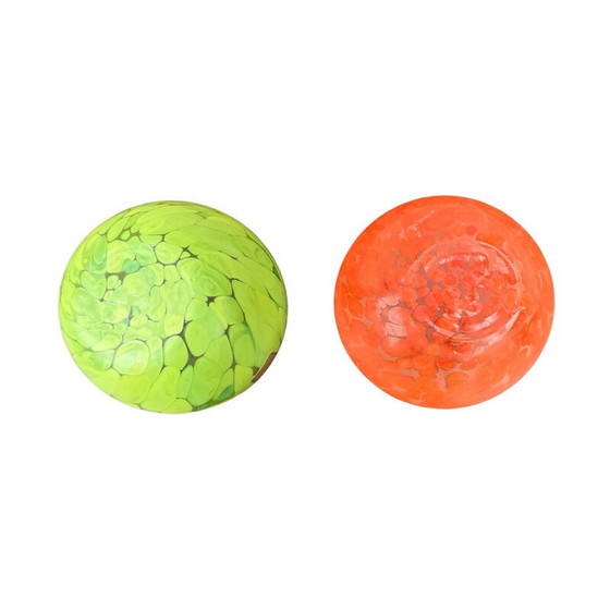 Image 1 of Paar vintage oranje en groen getint glazen waxinelichthouders voor La Vida, 1980