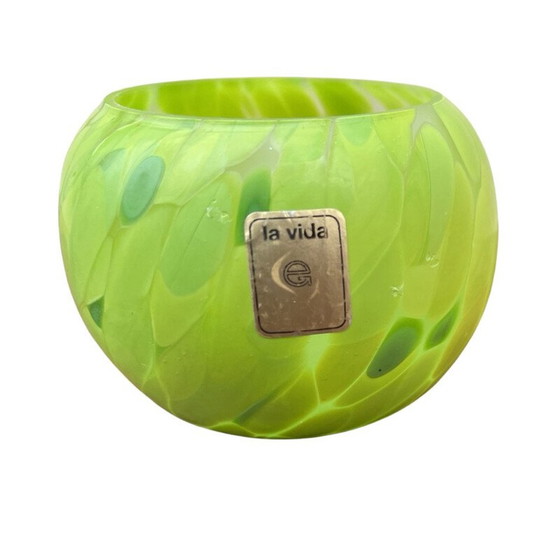 Image 1 of Paar vintage oranje en groen getint glazen waxinelichthouders voor La Vida, 1980