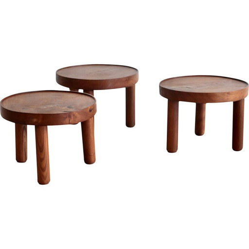 Set van 3 vintage ronde tafels in massief essenhout door Mado Jolain en René Legrand voor House of Edition, Frankrijk 1956