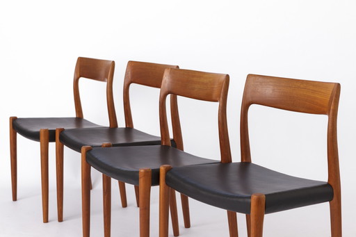 4 Niels Moller stoelen, model 77, Teak, jaren 1960, Deens, Vintage, leren zittingen, Set van 4