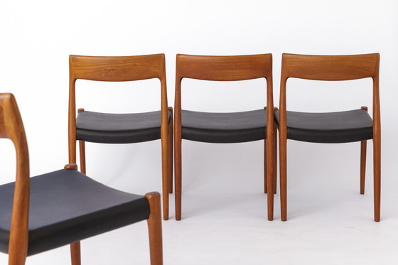 Image 1 of 4 Niels Moller stoelen, model 77, Teak, jaren 1960, Deens, Vintage, leren zittingen, Set van 4