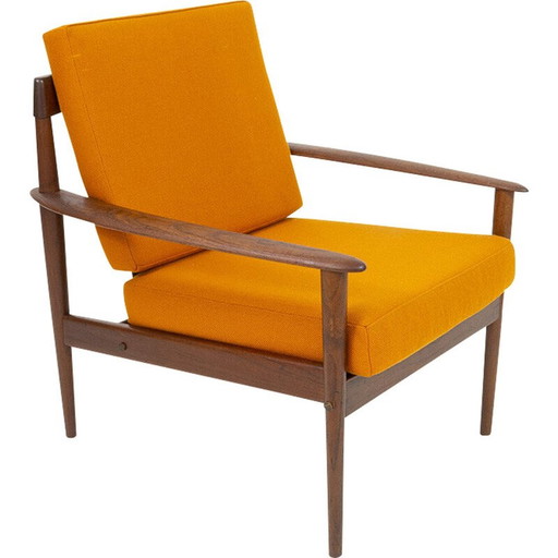 Deense vintage teakhouten fauteuil met bekleding van Grete Jalk voor Poul Jeppesen