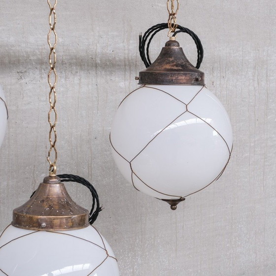 Image 1 of Vintage opaline en messing kooi-hanglampen, Holland 1950