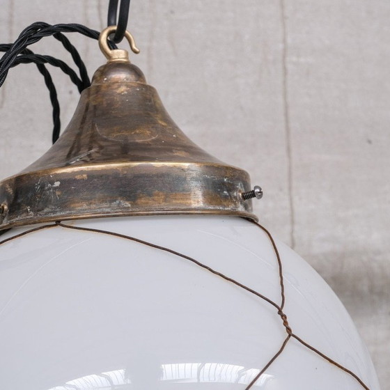 Image 1 of Vintage opaline en messing kooi-hanglampen, Holland 1950