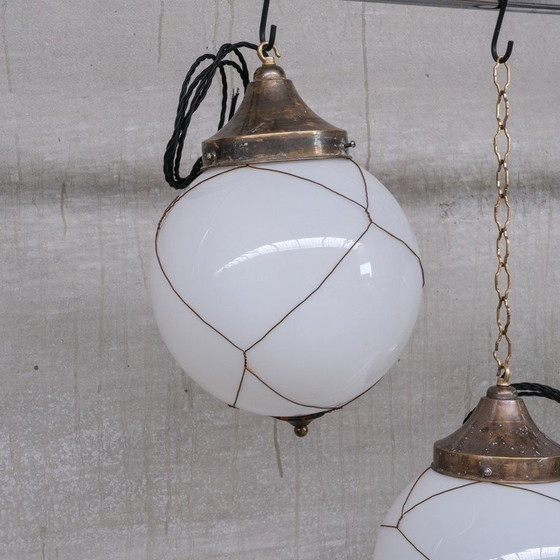 Image 1 of Vintage opaline en messing kooi-hanglampen, Holland 1950