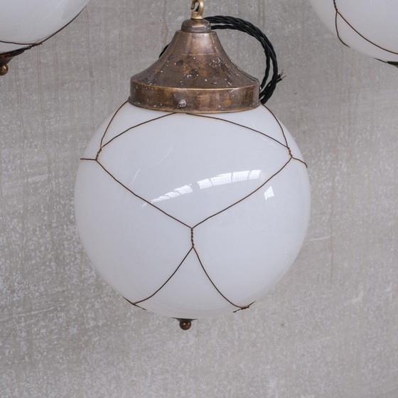 Image 1 of Vintage opaline en messing kooi-hanglampen, Holland 1950