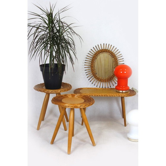 Image 1 of Set van 3 mid-century rotan krukjes van Jan Kalous voor Úluv, Tsjecho-Slowakije 1960