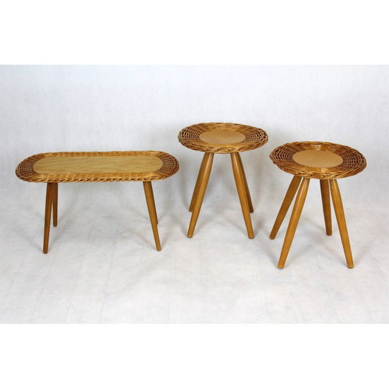 Image 1 of Set van 3 mid-century rotan krukjes van Jan Kalous voor Úluv, Tsjecho-Slowakije 1960