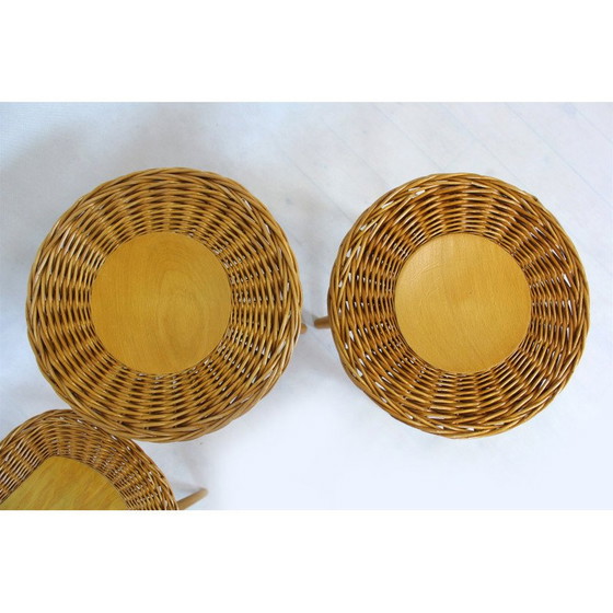 Image 1 of Set van 3 mid-century rotan krukjes van Jan Kalous voor Úluv, Tsjecho-Slowakije 1960