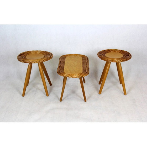 Image 1 of Set van 3 mid-century rotan krukjes van Jan Kalous voor Úluv, Tsjecho-Slowakije 1960