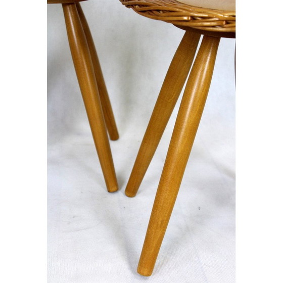 Image 1 of Set van 3 mid-century rotan krukjes van Jan Kalous voor Úluv, Tsjecho-Slowakije 1960