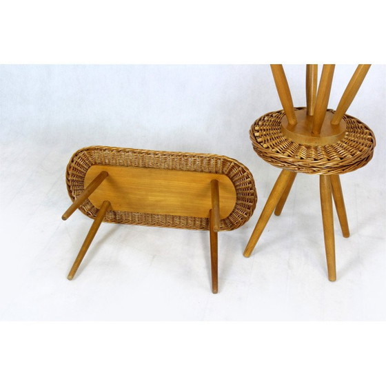 Image 1 of Set van 3 mid-century rotan krukjes van Jan Kalous voor Úluv, Tsjecho-Slowakije 1960