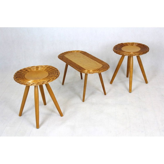 Image 1 of Set van 3 mid-century rotan krukjes van Jan Kalous voor Úluv, Tsjecho-Slowakije 1960