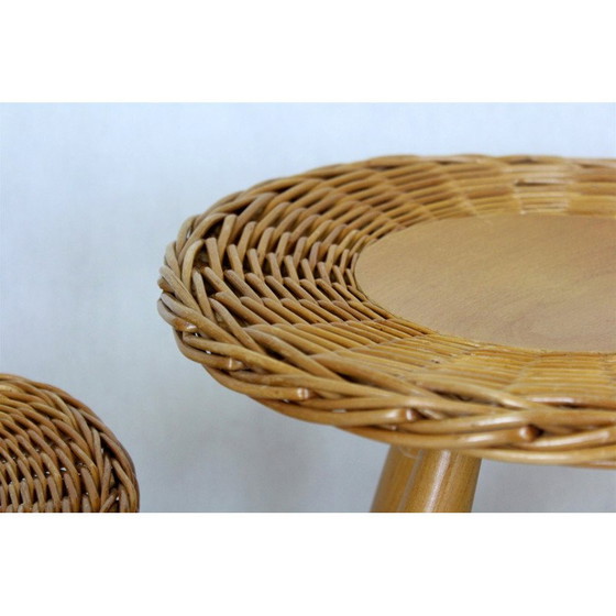 Image 1 of Set van 3 mid-century rotan krukjes van Jan Kalous voor Úluv, Tsjecho-Slowakije 1960