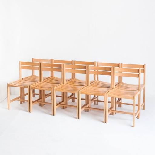 Set van 10 vintage stoelen van massief beukenhout, vervaardigd door André Sornay, Frankrijk 1960. – eetkamerstoelen, Wood