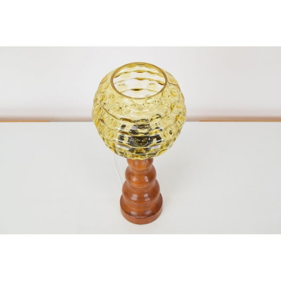 Image 1 of Vintage glazen, houten en messing tafellamp, Tsjecho-Slowakije 1960
