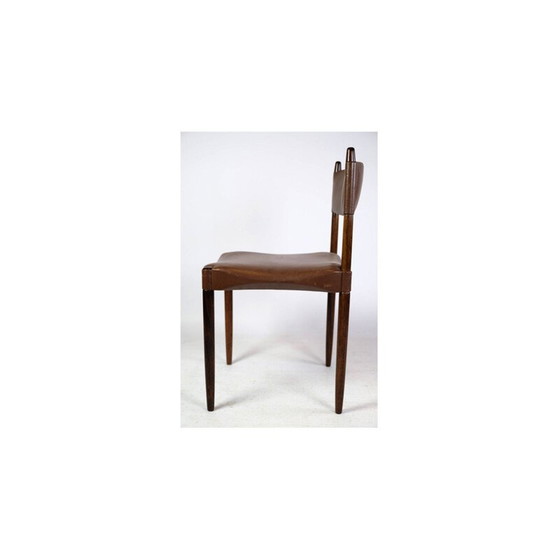 Image 1 of Set van 6 vintage Deense stoelen in massief rozenhout en bruin leer, jaren 1960