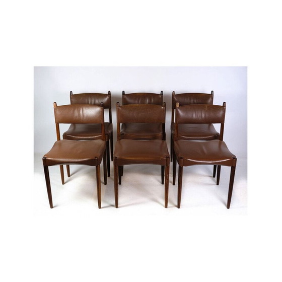 Image 1 of Set van 6 vintage Deense stoelen in massief rozenhout en bruin leer, jaren 1960