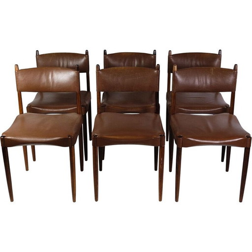 Set van 6 vintage Deense stoelen in massief rozenhout en bruin leer, jaren 1960