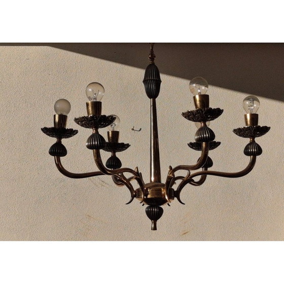 Image 1 of Vintage italiaanse gouden kroonluchter met 6 kaarslampen, Italië 1970