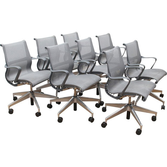 Image 1 of Set van 8 vintage Setu bureaustoelen in metaal en grijs gaas van Herman Miller