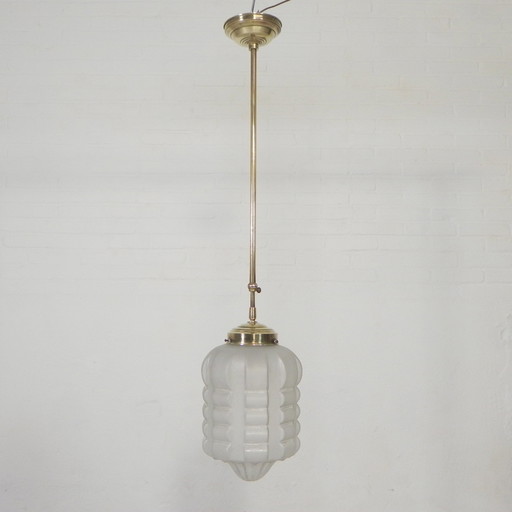 Art Deco Hanglamp Met Mat Glazen Kap En Messing Armatuur, Jaren 30