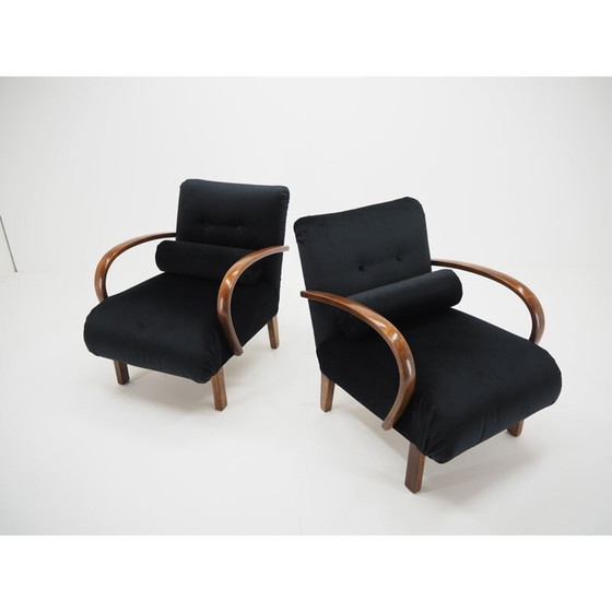 Image 1 of Paar vintage houten en stoffen fauteuils van Jindřich Halabala, Tsjecho-Slowakije 1940