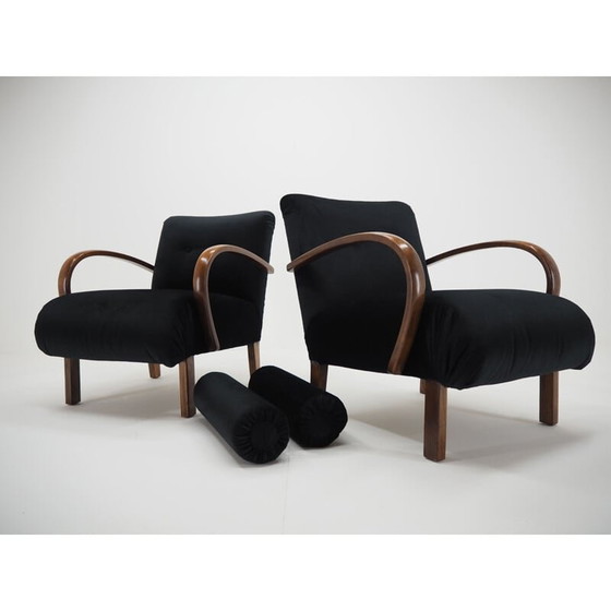 Image 1 of Paar vintage houten en stoffen fauteuils van Jindřich Halabala, Tsjecho-Slowakije 1940