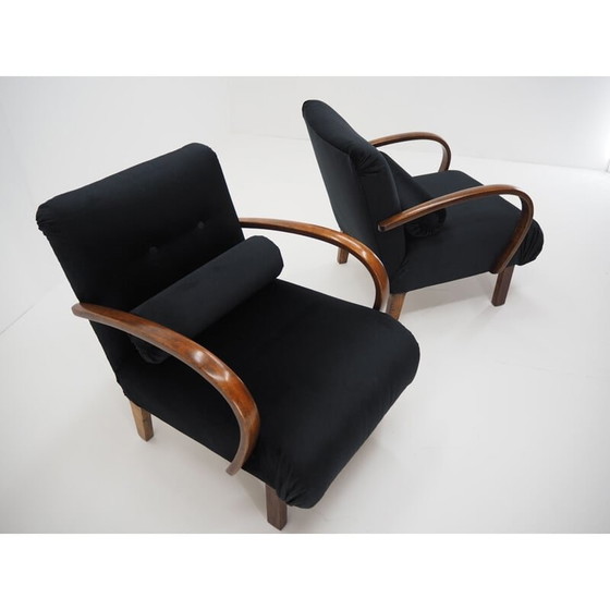 Image 1 of Paar vintage houten en stoffen fauteuils van Jindřich Halabala, Tsjecho-Slowakije 1940