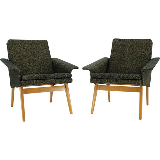 Paar vintage fauteuils in hout en stof, Tsjecho-Slowakije 1960