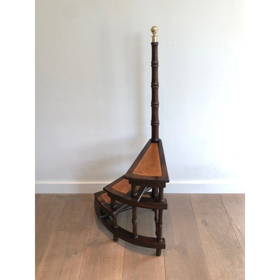 Image 1 of Vintage mahonie en messing bibliotheekkrukje, Frankrijk 1940