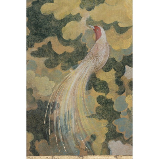 Image 1 of Vintage geschilderd canvas Vogel op bladerrijke achtergrond