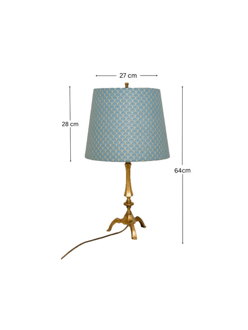 Vintage bureaulamp messing, tafellamp, blauwe en gouden lampenkap