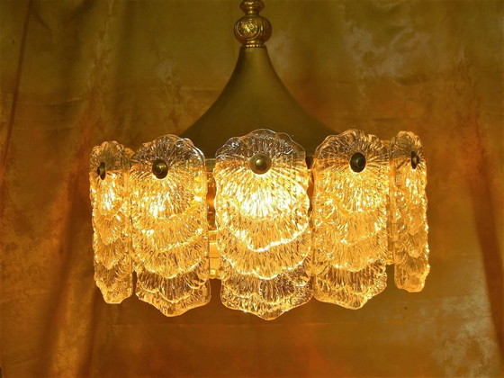 Image 1 of Plafond Hanglamp, Mid Century Modern, Art Deco, Messing, Kristal, Hyper Vintage, Zeer Zeldzaam