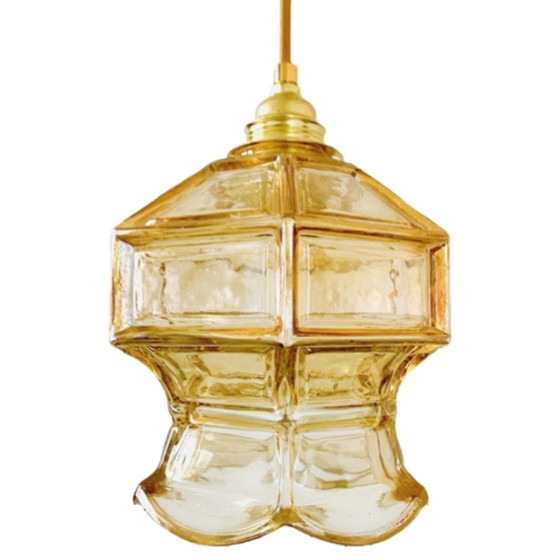 Image 1 of Vintage hanglampje amber persglas goud