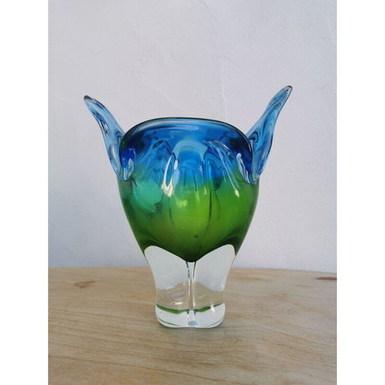 Image 1 of Vintage blauw en groen kleurverloop vaas van Murano glaswerk, 1970