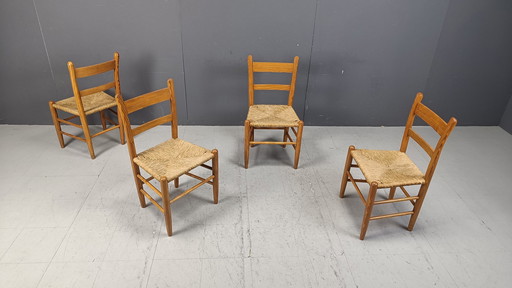 Eiken en rieten eetkamerstoelen uit Mid Century, set van 4 - 1970S