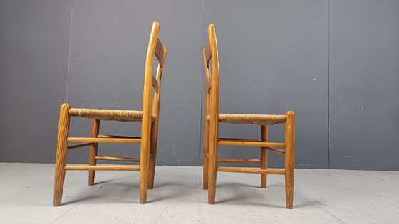 Image 1 of Eiken en rieten eetkamerstoelen uit Mid Century, set van 4 - 1970S