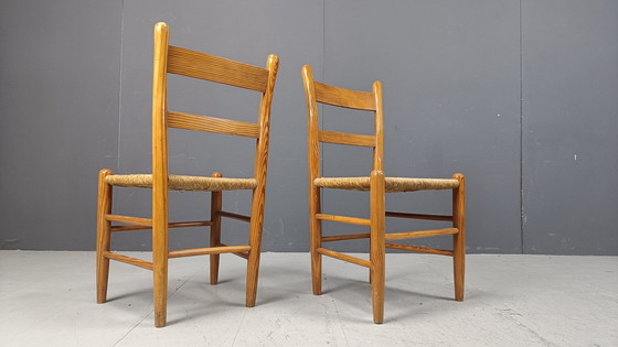 Image 1 of Eiken en rieten eetkamerstoelen uit Mid Century, set van 4 - 1970S