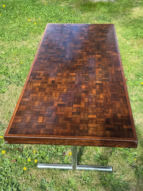 Image 1 of Vintage eiken parkettafel met chromen onderstel