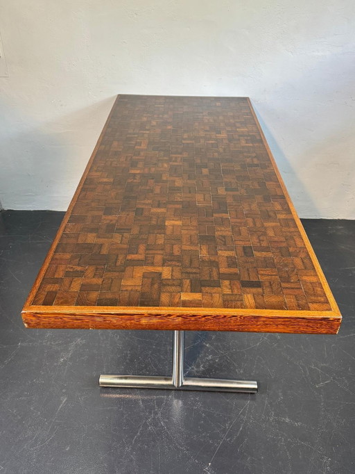 Vintage eiken parkettafel met chromen onderstel