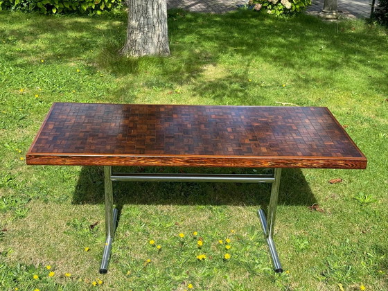 Image 1 of Vintage eiken parkettafel met chromen onderstel